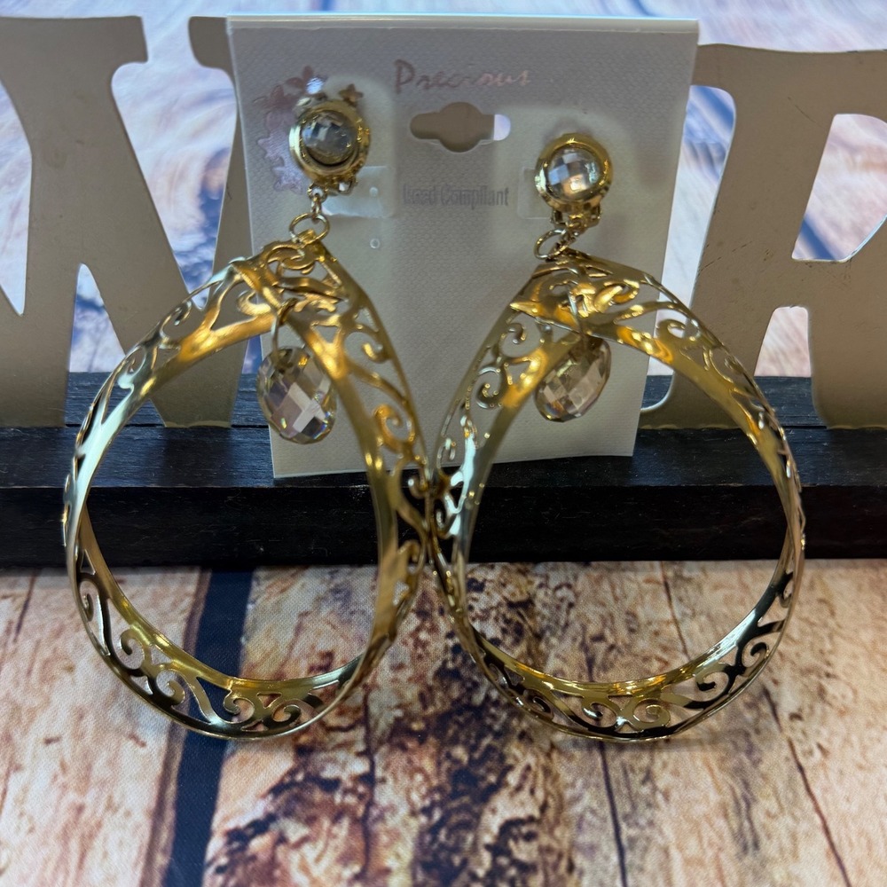 12pk Precious Gold Filigree Clip On Hoop Earrings with Crystal Accents NEW